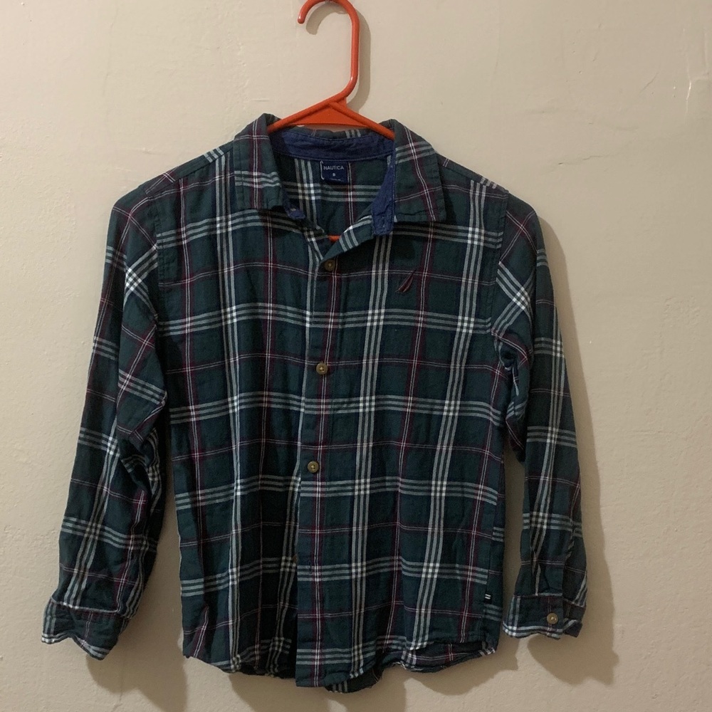 Nautica boy’s Casual Plaid Holiday Shirt - Green and burgandy